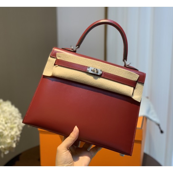 Kelly25 imported box leather Hermes red full handmade silver buckle